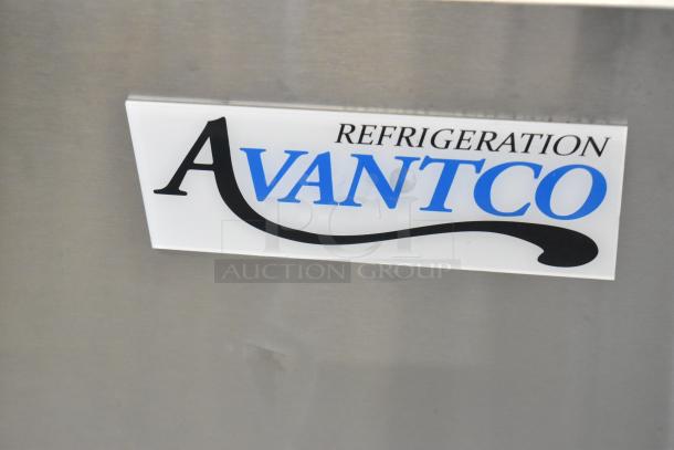 Avantco 178SSPT6010 label on stainless steel surface of refrigerated sandwich prep table. Brand new, 2 doors, 115 volts.