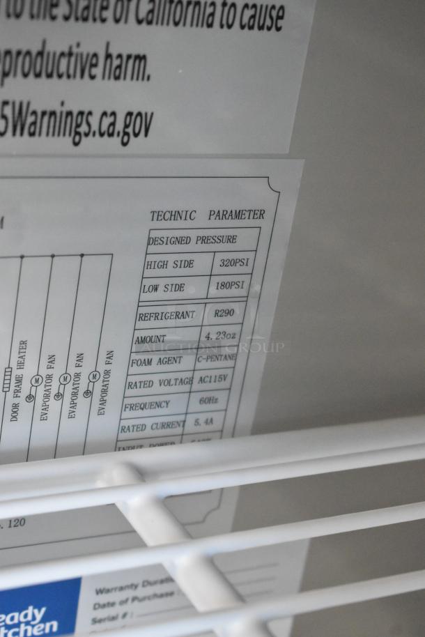Label on Avantco 178SSPT6010 prep table showing technical specs and warnings. Refrigerant R290, voltage 115V, 320 PSI high side.