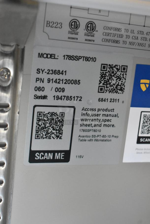 Label on Avantco 178SSPT6010 Stainless Steel Prep Table shows model, serial number 194785172, and QR code for product info.