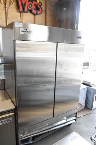 2024 Mainstreet 829BMR49R stainless steel 2-door reach-in cooler, new with scratches, poly-coated racks, commercial casters.