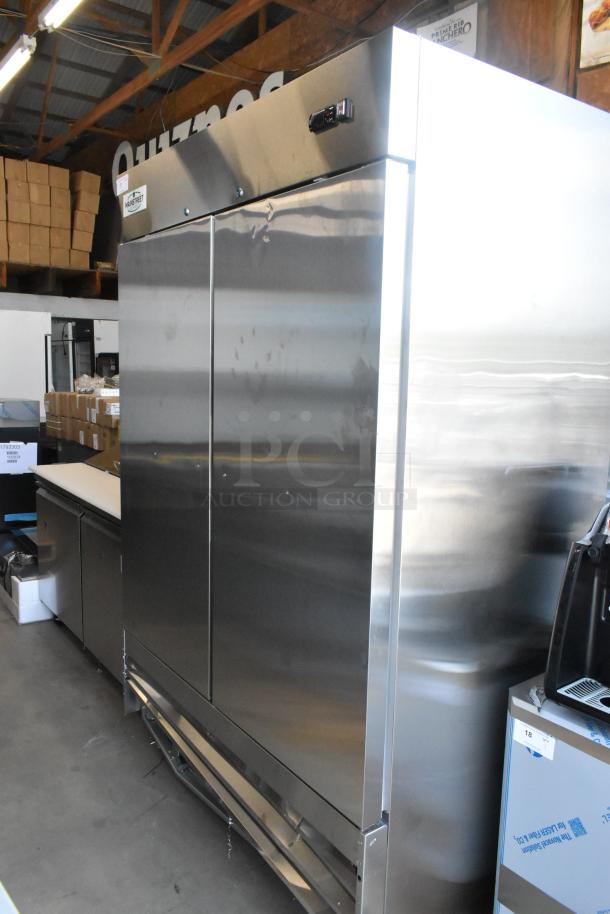 Mainstreet 829BMR49R stainless steel 2-door cooler, new with scratches; features poly-coated racks and commercial casters.