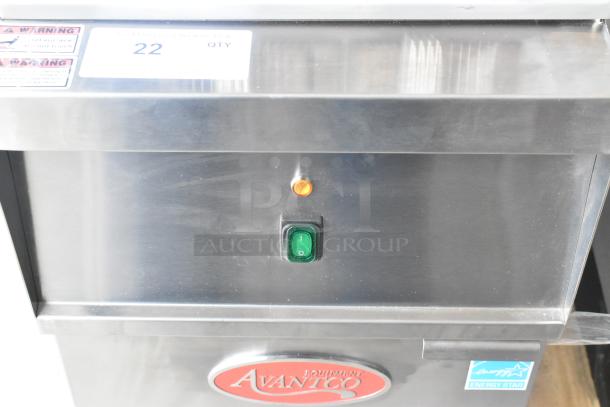 Brand new Avantco 177EF40B stainless steel commercial fryer, 208V, 1 phase, with 2 metal baskets; Energy Star label visible.