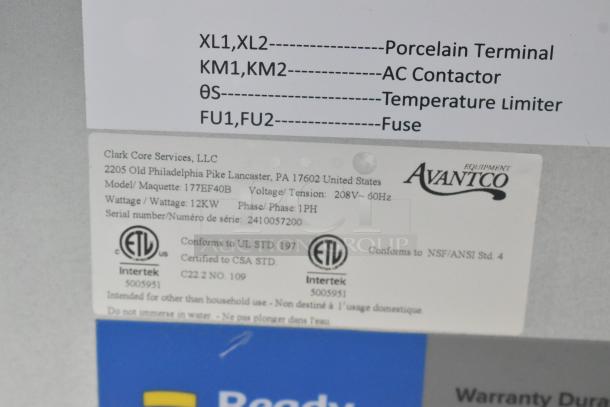 Avantco 177EF40B deep fat fryer label showing model, 208V, 60Hz, 12KW, ETL certified, suitable for commercial use.