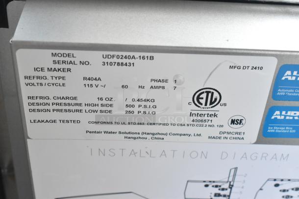 2024 Manitowoc UDF0240A-161B stainless steel ice machine label, showing model, serial number, specs, and compliance marks.