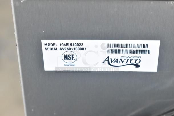 Brand new Avantco 194BIN40022 ice storage bin, 22", metallic alloy exterior, 383 lb. capacity, labeled. Model: 194BIN40022.
