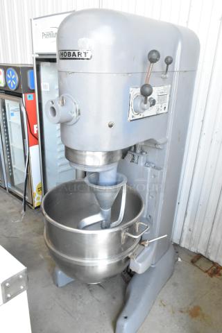 Hobart M-802 80 Quart metal mixer with bowl, dough hook; commercial floor model, 440V, 3 phase, used condition.