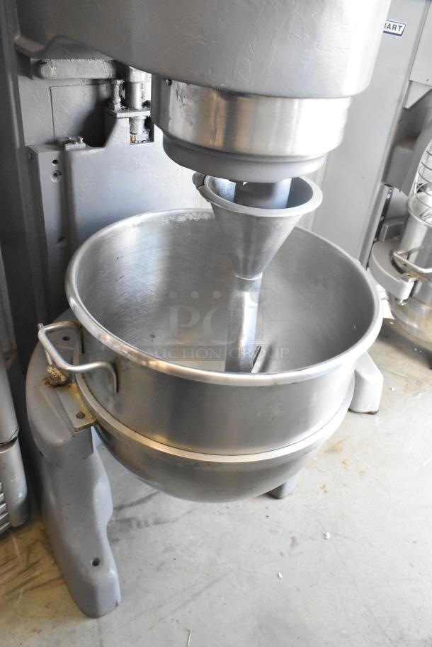 Hobart M-802 80 Quart planetary dough mixer with mixing bowl and dough hook, 440V, 3 phase, metal construction, floor model.