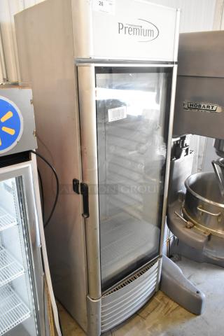 Premium PRF90DX Metal Single Door Reach In Cooler Merchandiser, 115 Volts, 1 Phase, good condition, visible model label.
