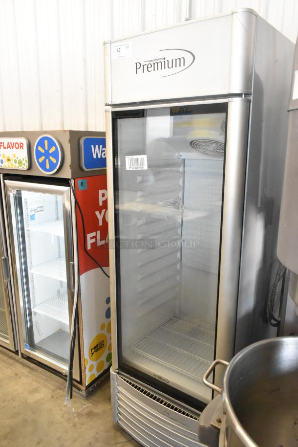 Premium PRF90DX metal single door reach-in cooler, clear glass front, brand logo on top, 115 volts, 1 phase.