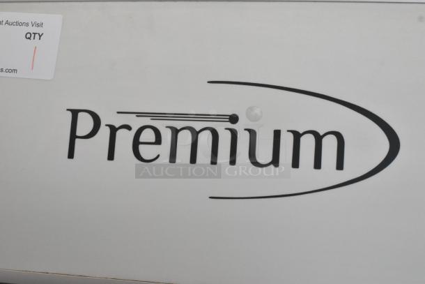 Premium PRF90DX metal single door cooler; 115 volts, 1 phase. "Premium" logo displayed.