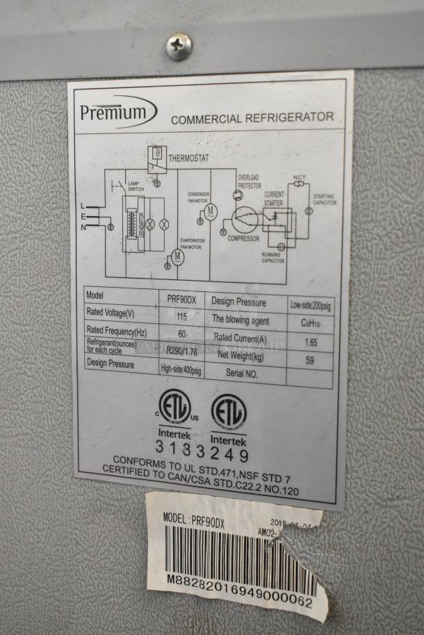 Premium PRF90DX cooler with a label showing model, 115V, 1 phase, R290 refrigerant, and certifications.