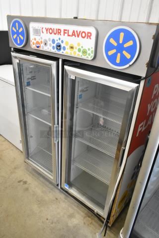 2021 IDW G4-H0234B Metal 2 Door Reach-In Cooler Merchandiser, 115V, 1 Phase, with poly-coated racks, brand signage on top.