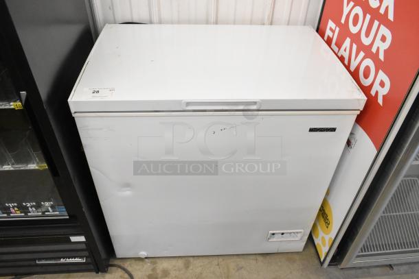 Thomson TFRF710-G-SM chest freezer, white, showing minor scratches and dents. 115 volts, 1 phase. Auction label present.