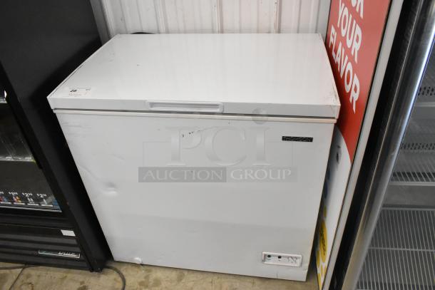 Thomson TFRF710-G-SM chest freezer, white, 115 volts, 1 phase, visible scratches, Thomson label on front.