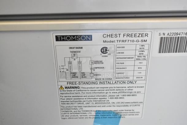 Thomson TFRF710-G-SM chest freezer label, showing specifications: 115V, R600a refrigerant, made in China.