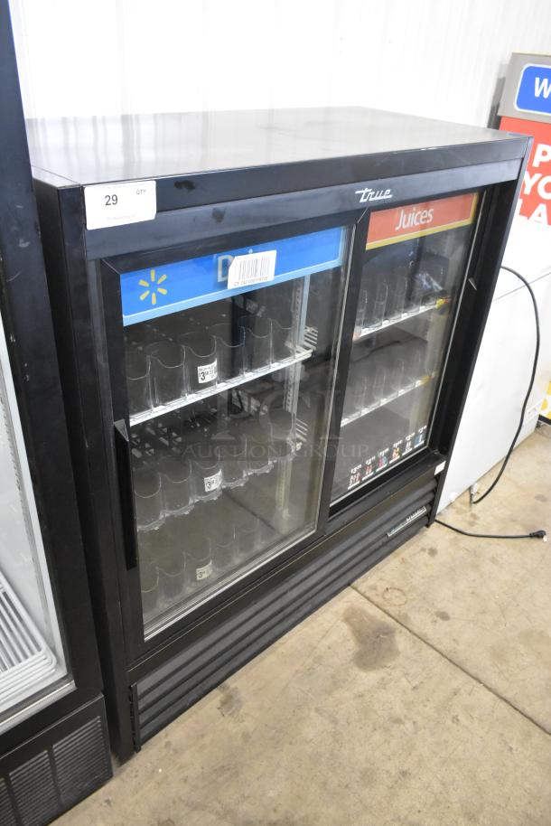 2019 True GDM-41SL-48-HC-LD 2-door cooler, black metal, glass sliders, poly-coated racks. Condition shows wear, 115V, 1 phase.