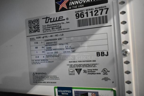 2019 True GDM-41SL-48-HC-LD commercial cooler label, features 115 volts, single phase, with poly-coated racks, using R290 refrigerant.