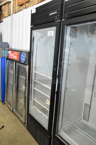 2019 Habco SE18 commercial cooler with single door, poly coated racks, visible broken glass, 115V, 1 phase.