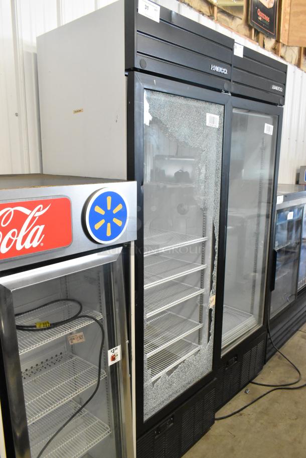 2019 Habco SE18 metal cooler merchandiser, single door, poly coated racks, broken glass, 115 volts, 1 phase.