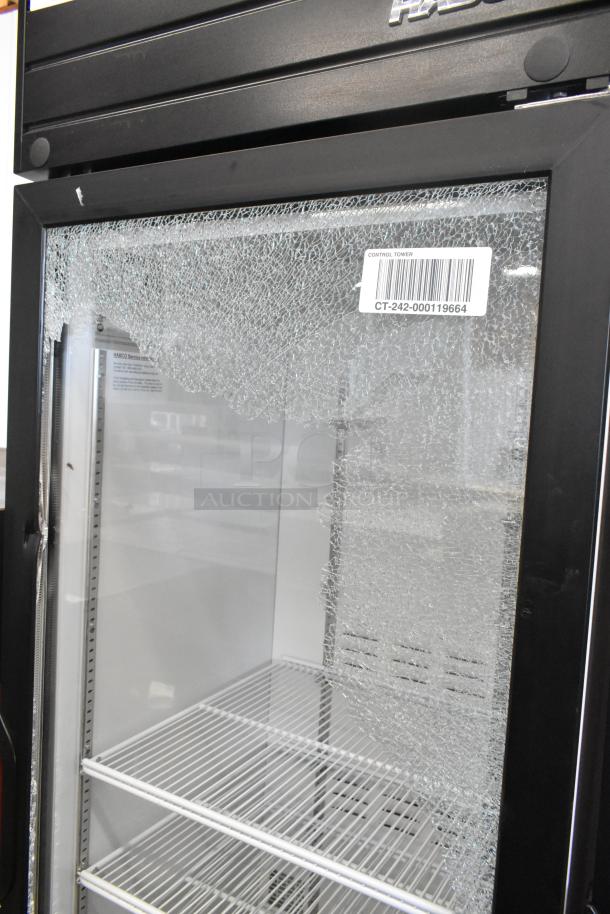 2019 Habco SE18 commercial cooler with a broken glass door. Includes poly-coated racks. 115 volts, 1 phase.