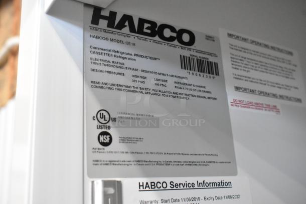 2019 Habco SE18 commercial cooler, single door, metal, poly-coated racks. Electrical: 115V, 1 phase. Note: broken glass.