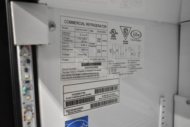 IDW G-4SI-N-2-3-4-B-5 commercial cooler label, 2023 model, 115V, 1 phase, R600a refrigerant, serial number 202304620860.