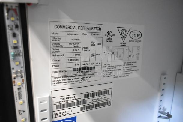 2023 IDW G-4SI-N-2-3-4-B-5 cooler label, model, voltage, refrigerant info, UL marks, and design diagram.