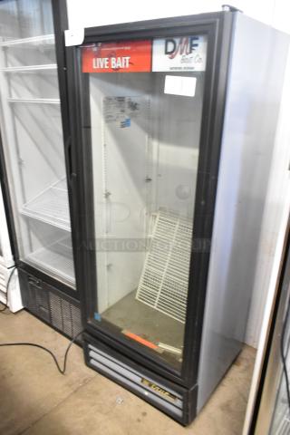 True GDM-12-LD commercial cooler merchandiser with single glass door and poly-coated racks, 115V, 1 phase, "Live Bait" signage.