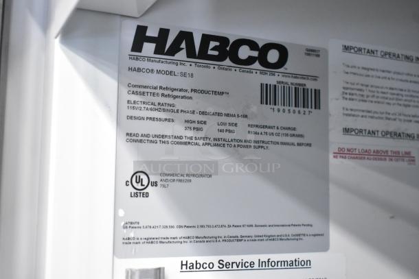 2019 Habco SE18 metal commercial cooler tag, showing model, electrical rating (115V, 1 phase), and UL certification.