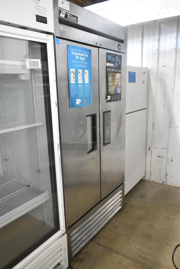True T-35 Stainless Steel 2 Door Reach-In Cooler, commercial grade, 115V, 1 Phase, visible signage and branding.