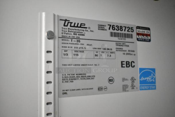 True T-35 Stainless Steel 2 Door Cooler label; 115 Volts, 1 Phase, NSF certified. Serial number 7638725, Energy Star sticker.
