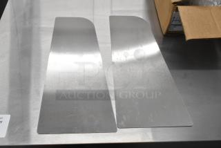 Lot of 2 brand new metal panels with minor scratches and dents, rectangular shape, silver finish, in open box.