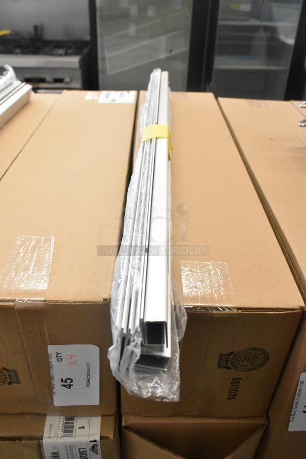 Lot of 9 assorted items, brand new scratch and dent, including chrome finish shelf brackets, wrapped on cardboard boxes.