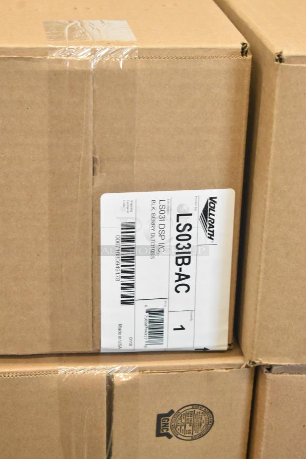 Four new Vollrath LS03IB-AC LidSaver™ 3 in-box, labeled horizontal lid dispensers for 3 1/4" - 3 3/4" lids.