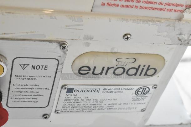 Eurodib M30A Metal Commercial 30 Quart Planetary Dough Mixer label, showing certifications and safety instructions.
