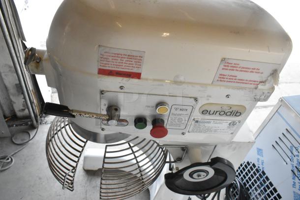 Eurodib M30A 30 Quart Planetary Dough Mixer with bowl guard, 120V, 1 Phase, labels detailing usage and voltage.