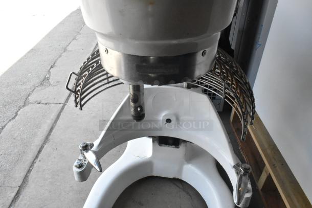 Eurodib M30A 30-quart planetary dough mixer with bowl guard. Metal construction, visible wear, 120V, 1 Phase.