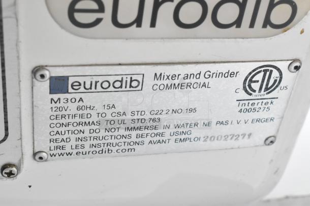 Eurodib M30A metal commercial dough mixer label detailing model info, 120V, 60Hz, 15A specs, and safety instructions.