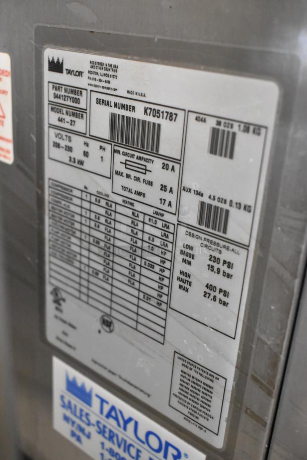 Taylor 441-33 stainless steel soft serve ice cream machine label, showing model, voltage, and technical specifications.