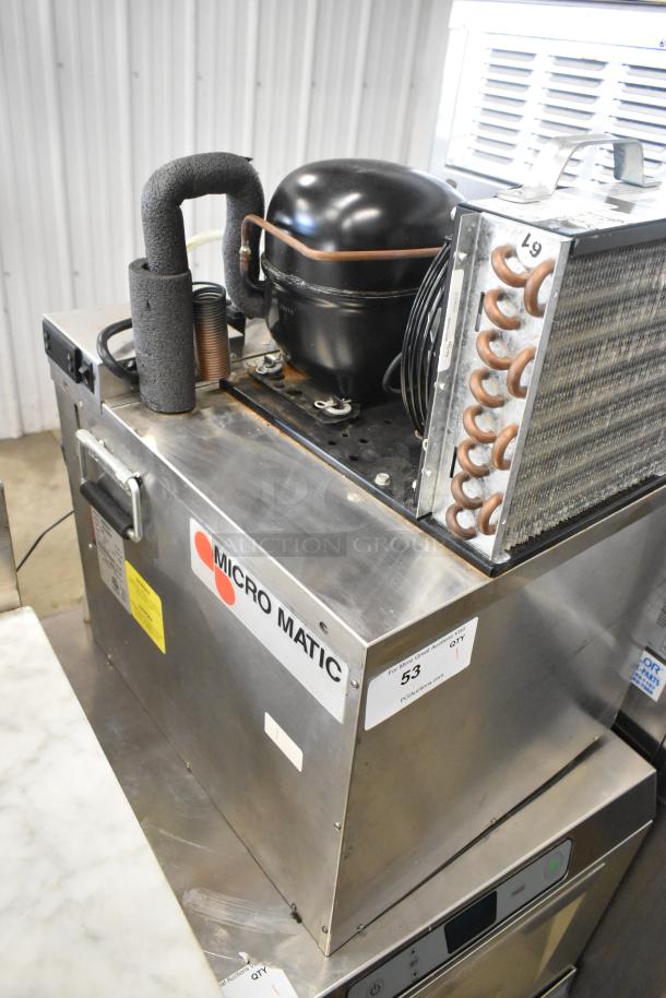 Micro Matic MMPP4301 stainless steel glycol chiller, commercial model, 115 volts, 1 phase, visible branding and labels.