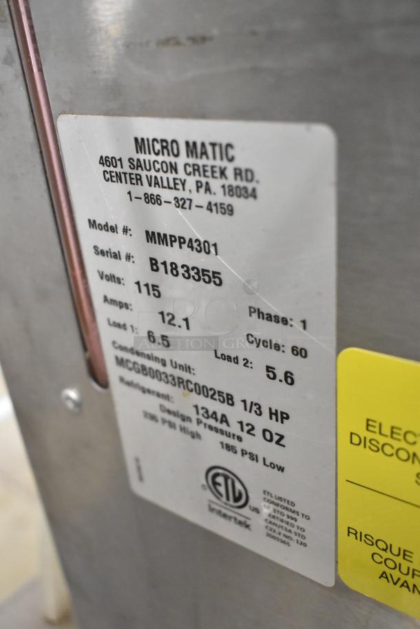 Micro Matic MMPP4301 stainless steel glycol chiller, 115V, 1 phase, commercial use. Visible label with model and serial number.