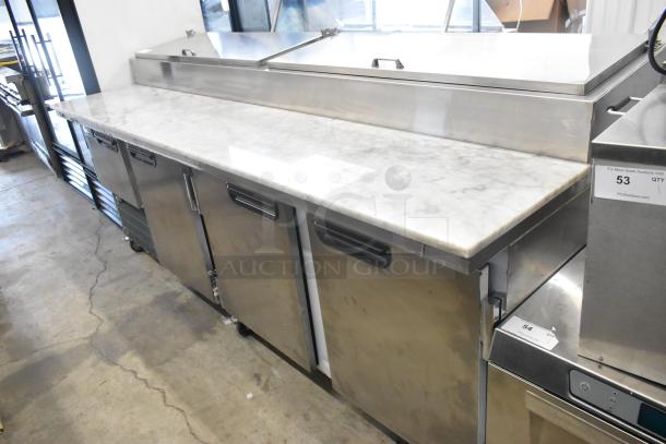 2021 Leader ESPT96 stainless steel commercial pizza prep table with marble pattern cutting board, on casters, 115V, 1 phase.