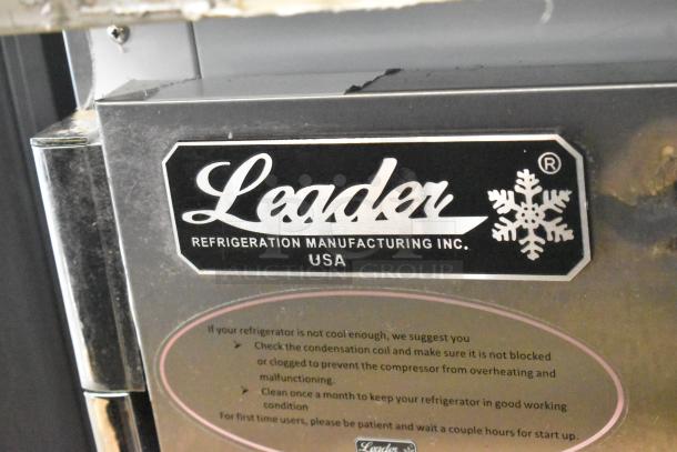 Leader ESPT96 stainless steel pizza prep table label with instructions. Features USA manufacturing details and refrigeration tips.