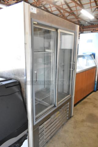 R-54SC Metal Commercial 2 Door Reach In Cooler Merchandiser, 115 Volts, 1 Phase, glass doors, stainless finish.