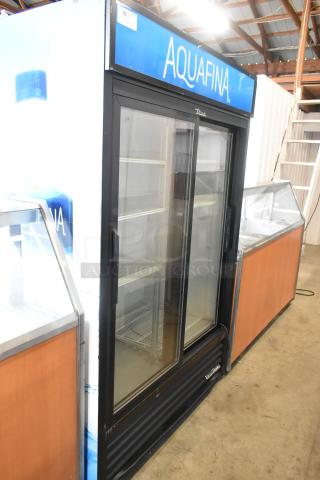 2018 True GDM-45-HC-LD commercial 2-door reach-in cooler, features poly coated racks, 115 volts, 1 phase, Aquafina branding.