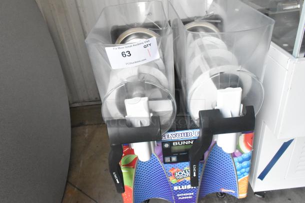 Bunn ULTRA-2 slushie machine, stainless steel, 2 hoppers, no lids, 115 volts, 1 phase, serial number 63 label.