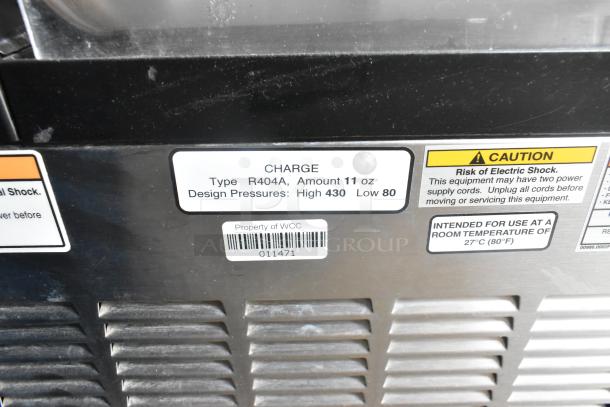 Bunn ULTRA-2 stainless steel slushie machine, commercial 2 hopper, 115V, 1 phase, no lids. Labels indicate charge type R404A.