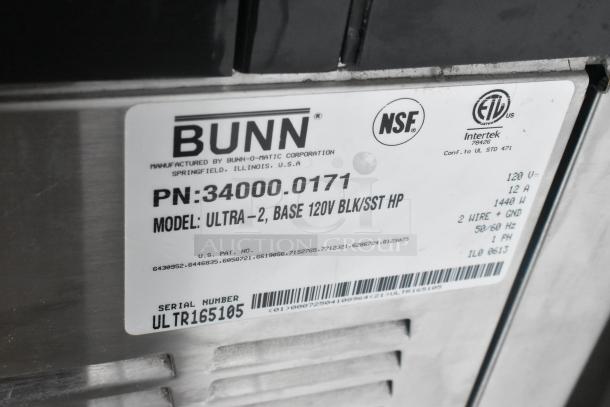 Bunn ULTRA-2 stainless steel slushie machine label, model ULTRA-2, 120V, 1 phase, no lids, serial ULTR165105.