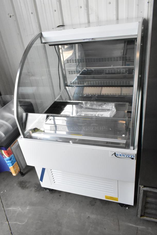 Brand new Avantco 193HAC28W 28" white air curtain merchandiser, scratch and dent, 1 shelf, LED lighting, 115V.
