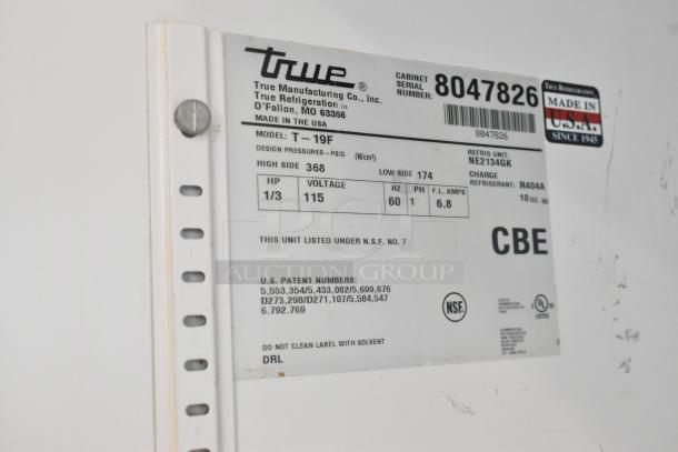 True T-19F commercial freezer label with specs: 115 volts, 1 phase, NSF, UL listed. Made in USA. Model T-19F.